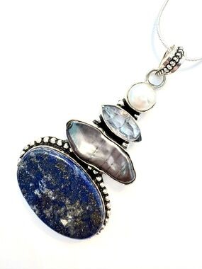 2 1/2, Pearl, Blue Topaz, Biwa Pearl and Lapis Lazuli, 925 marked, pendant.